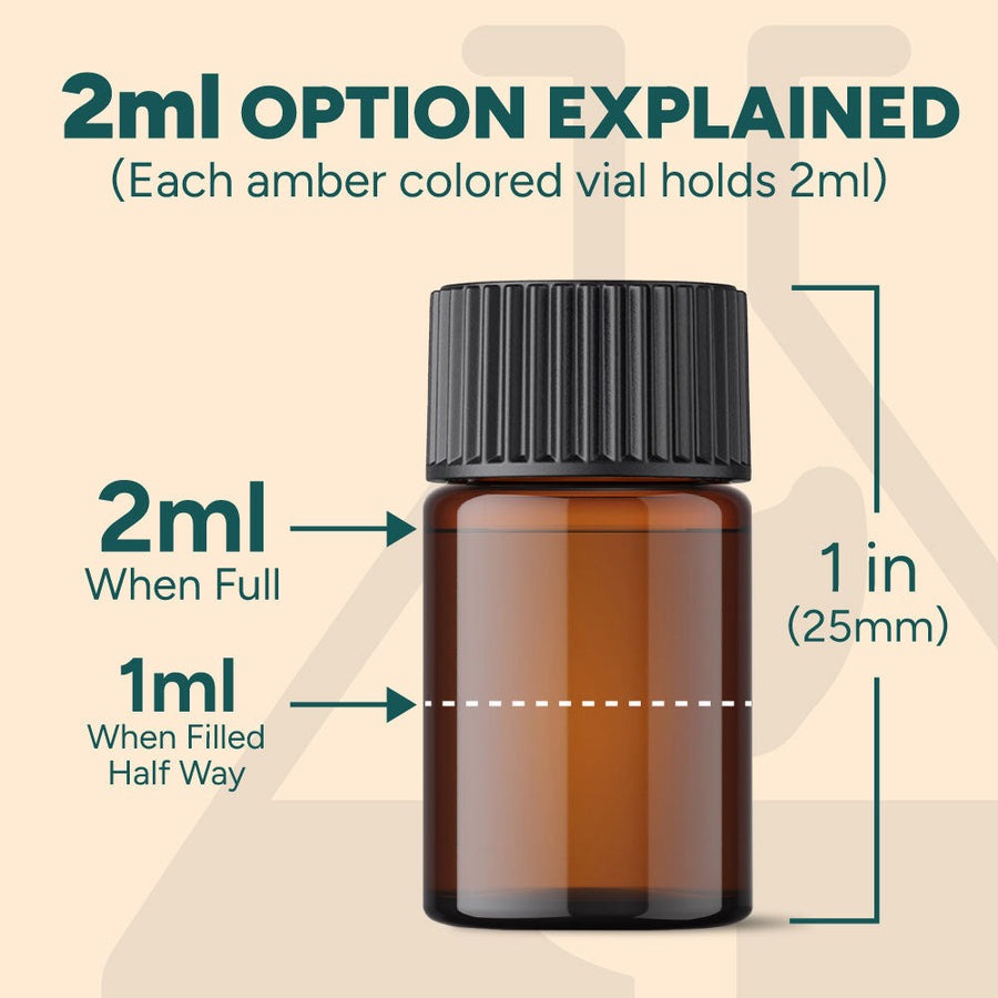 Diagram of the 2ml sample option: an amber glass vial one inch (25mm) tall, marked 2ml when full and 1ml when filled half way.