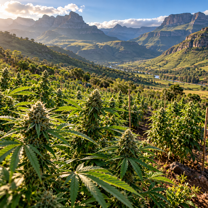 Tall Durban Poison sativa plants with dense green colas growing outdoors in bright sun.