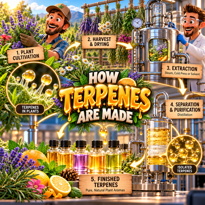 Clear terpene oil and aromatic botanicals illustrating where plant aroma compounds come from
