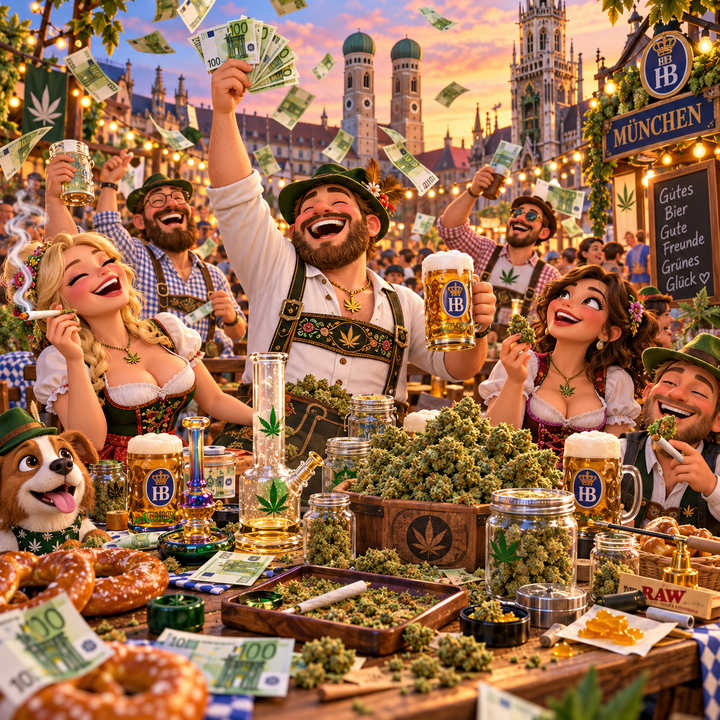 German flag colors behind cannabis leaf and terpene bottle imagery representing the German cannabis market