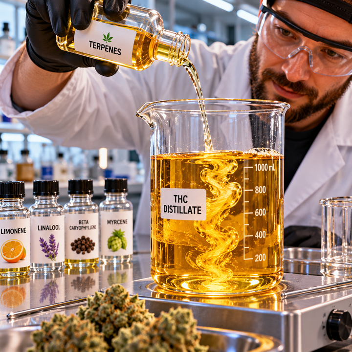 Amber cannabis distillate being blended with terpenes for vape cartridge formulation.