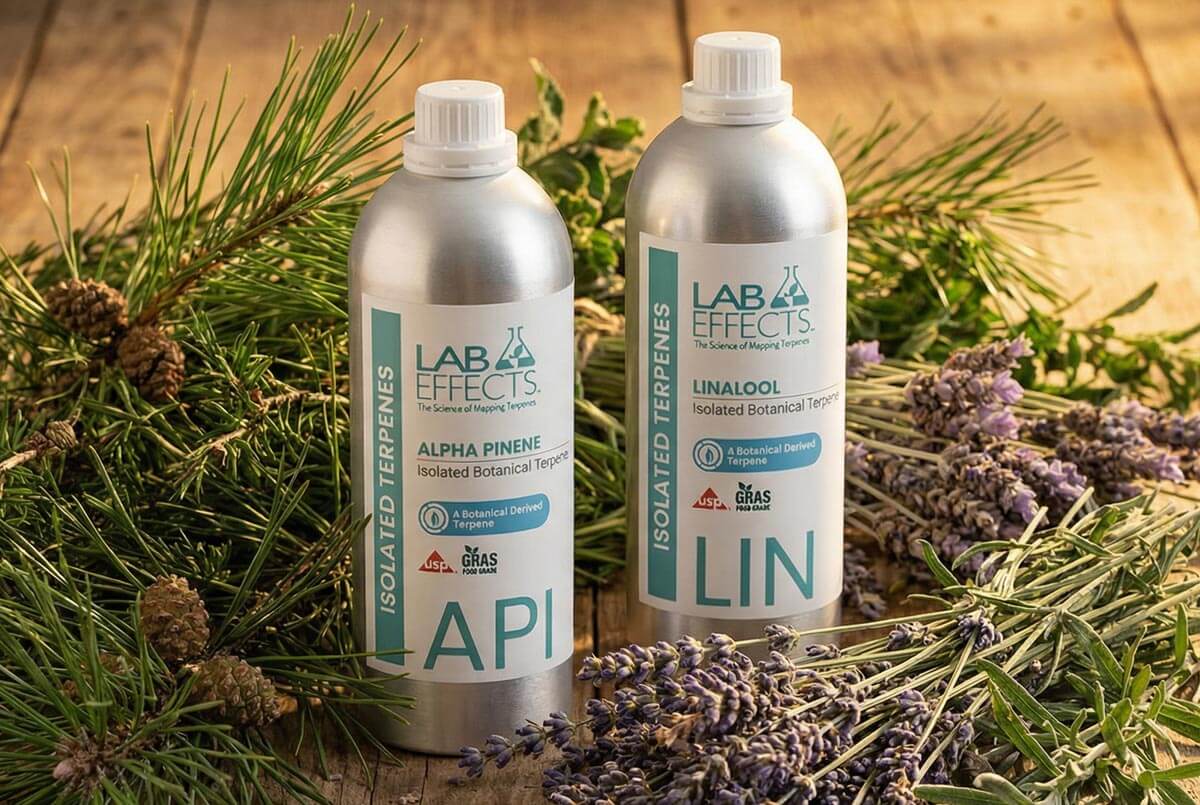 Isolated linalool and alpha-pinene terpenes in aluminum bottles